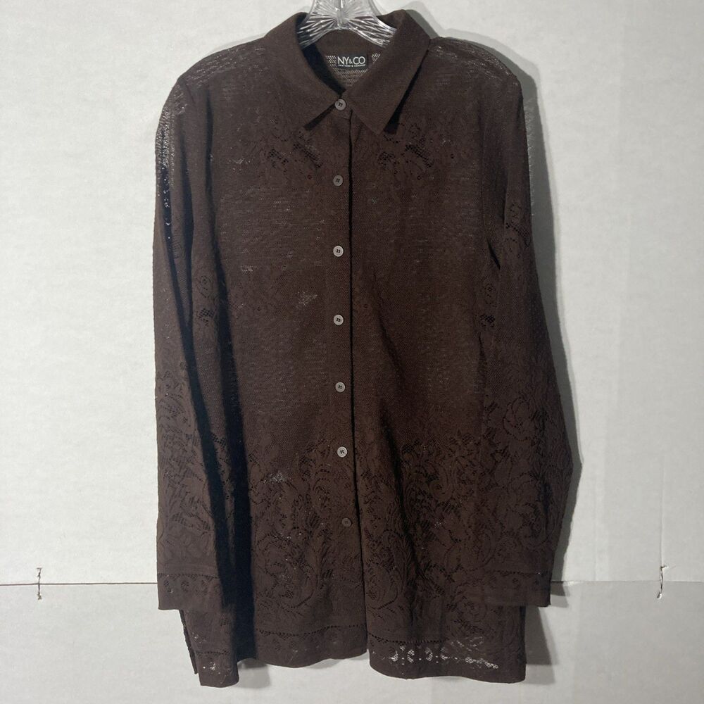 New York & Co Brown Floral Lace Spread Collar Long Sleeve Button Up Top L